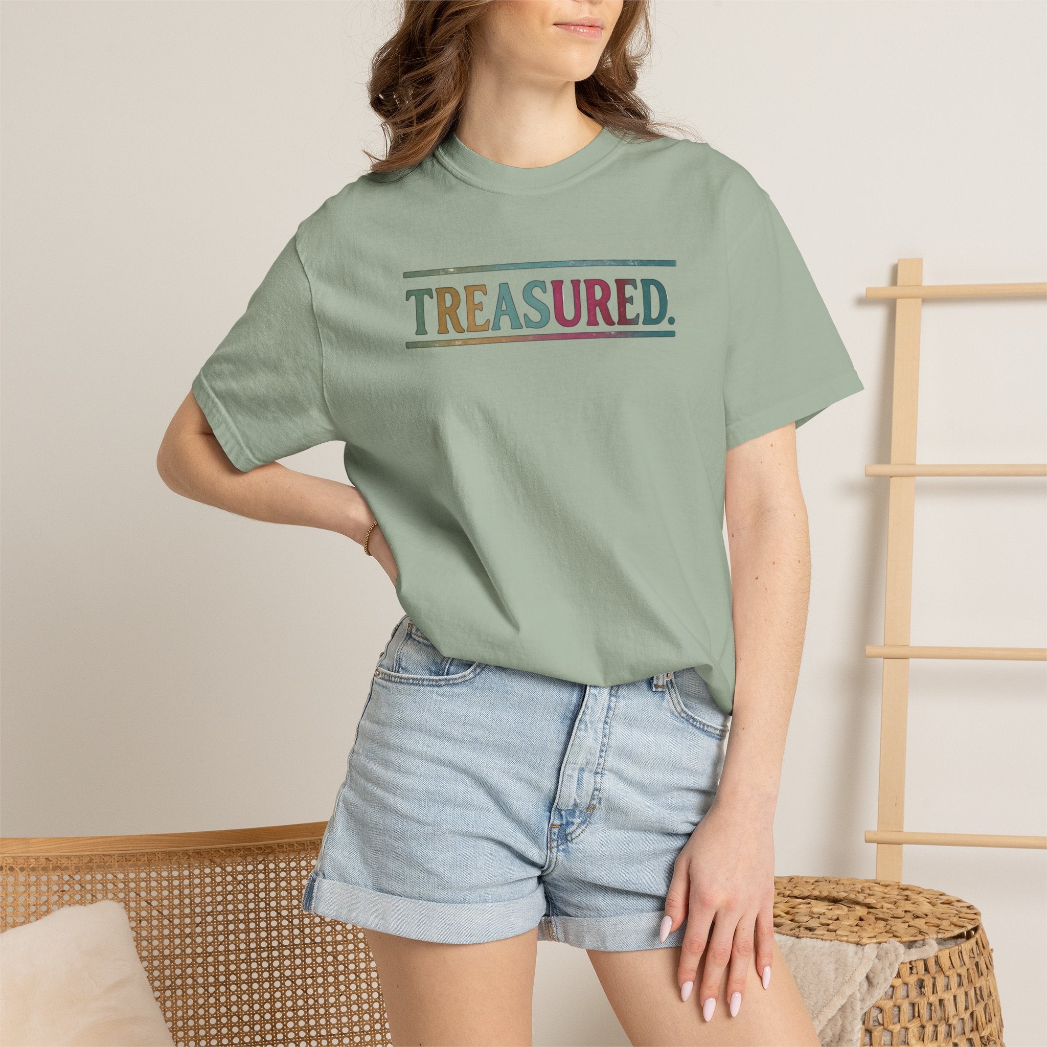 Treasured Garment-Dyed T-Shirt — Retro Color Block "TREASURED." Tee