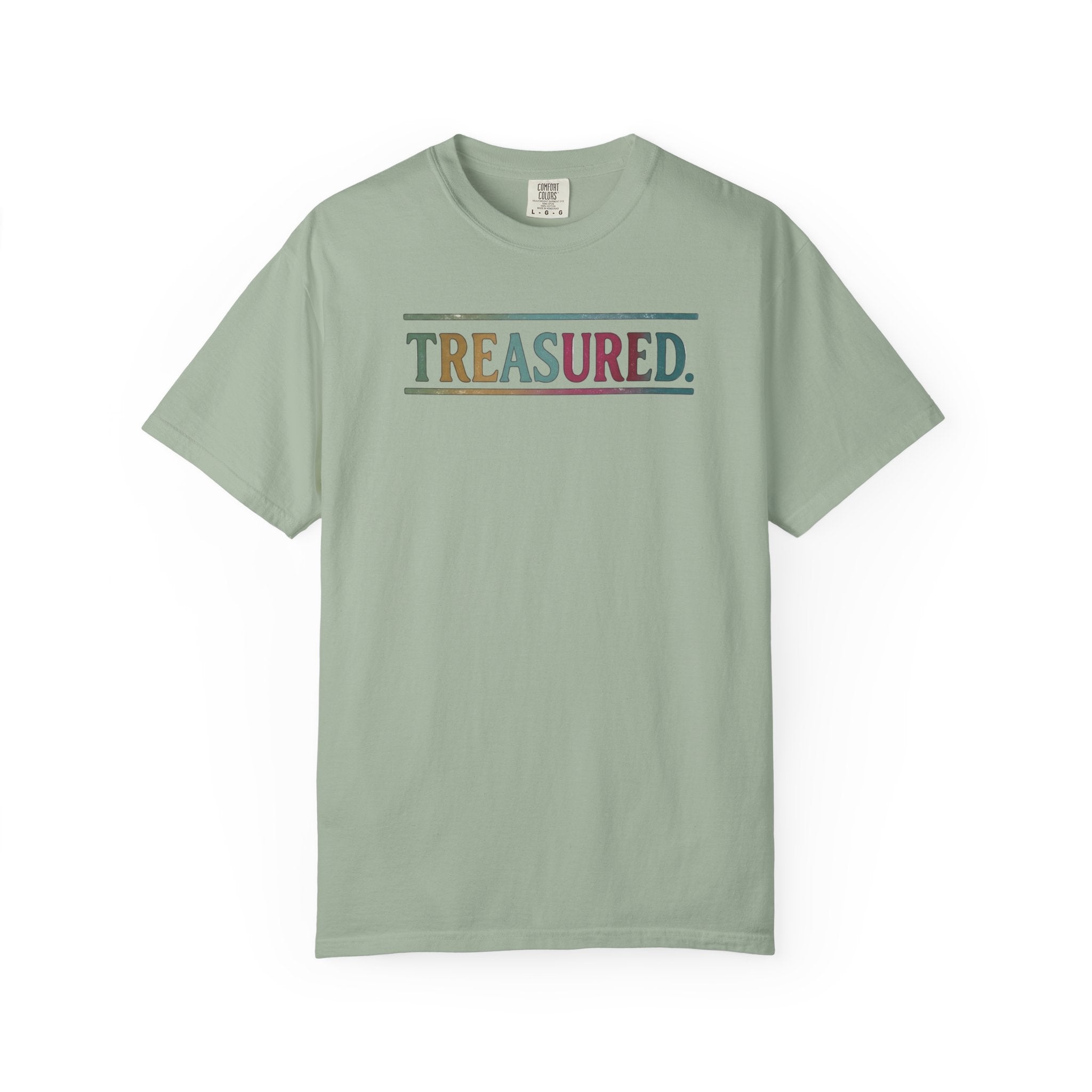 Treasured Garment-Dyed T-Shirt — Retro Color Block "TREASURED." Tee
