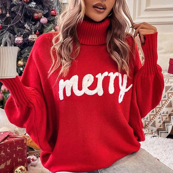 Christmas Turtleneck Women's Clothing Autumn And Winter Loose Bat Sleeve Outerwear Knitted Top Women