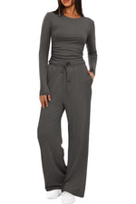 2 Pieces Women's Suit Autumn Winte Long Sleeve Tops High Waisted Wide Leg Pants Sportswear Female Clothes Solid Color Casual Suit thumbnail 16