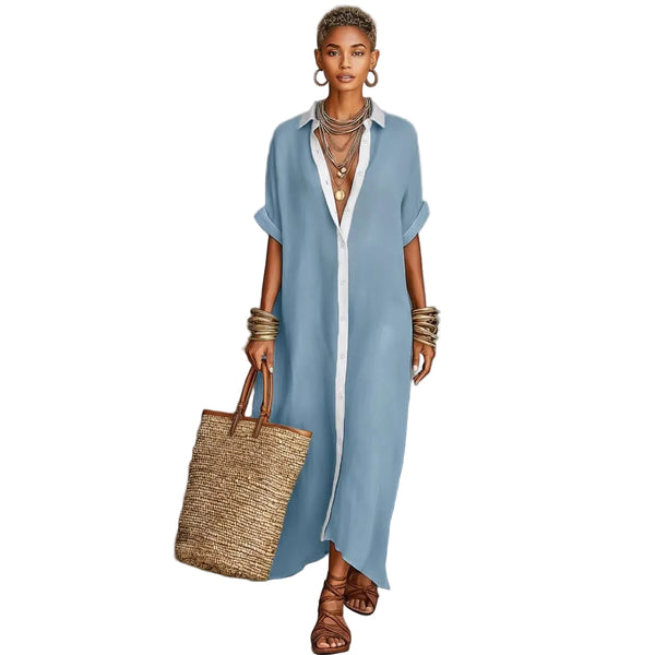 Color-blocked Loose  And Linen Long Dress Fashionable And Casual Dress