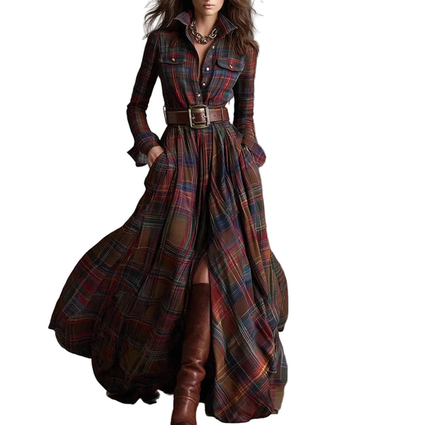 Ins Plaid Print Long-Sleeved Dress Fashion Pockets Collared Buttons Shirt Long Dresses Retro Women's Clothing