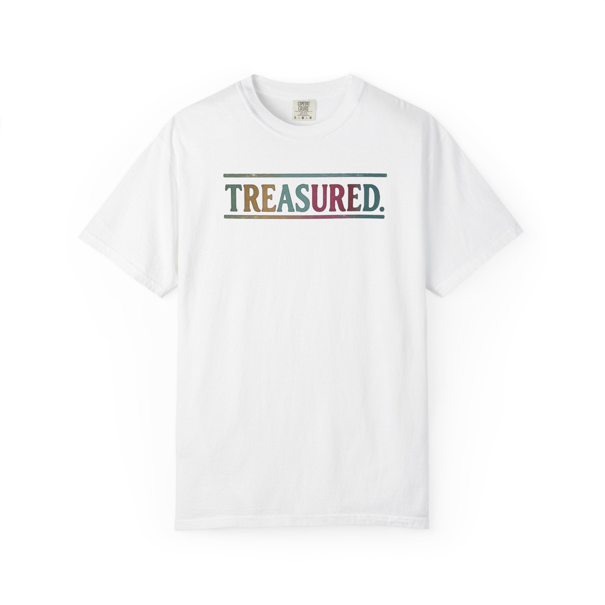 Treasured Garment-Dyed T-Shirt — Retro Color Block "TREASURED." Tee