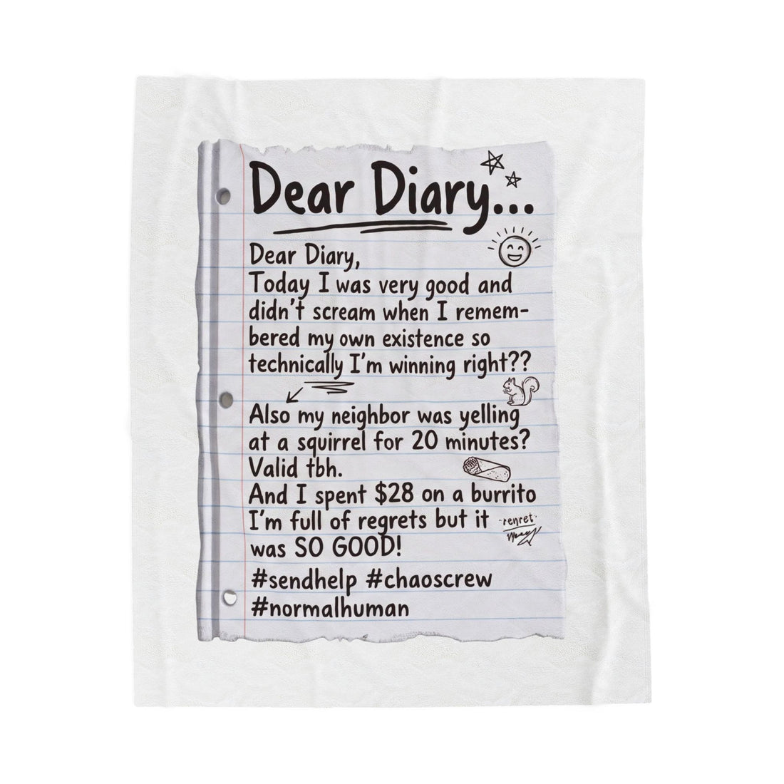 Plush Blanket — “Dear Diary” Funny Journal Note Throw
