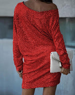 Fashion Oblique Shoulder Sequins Dress Ins Long-sleeved Dresses For Party Women's Clothing thumbnail 4