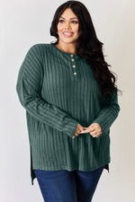 Basic Bae Full Size Ribbed Half Button Long Sleeve High-Low T-Shirt thumbnail 12
