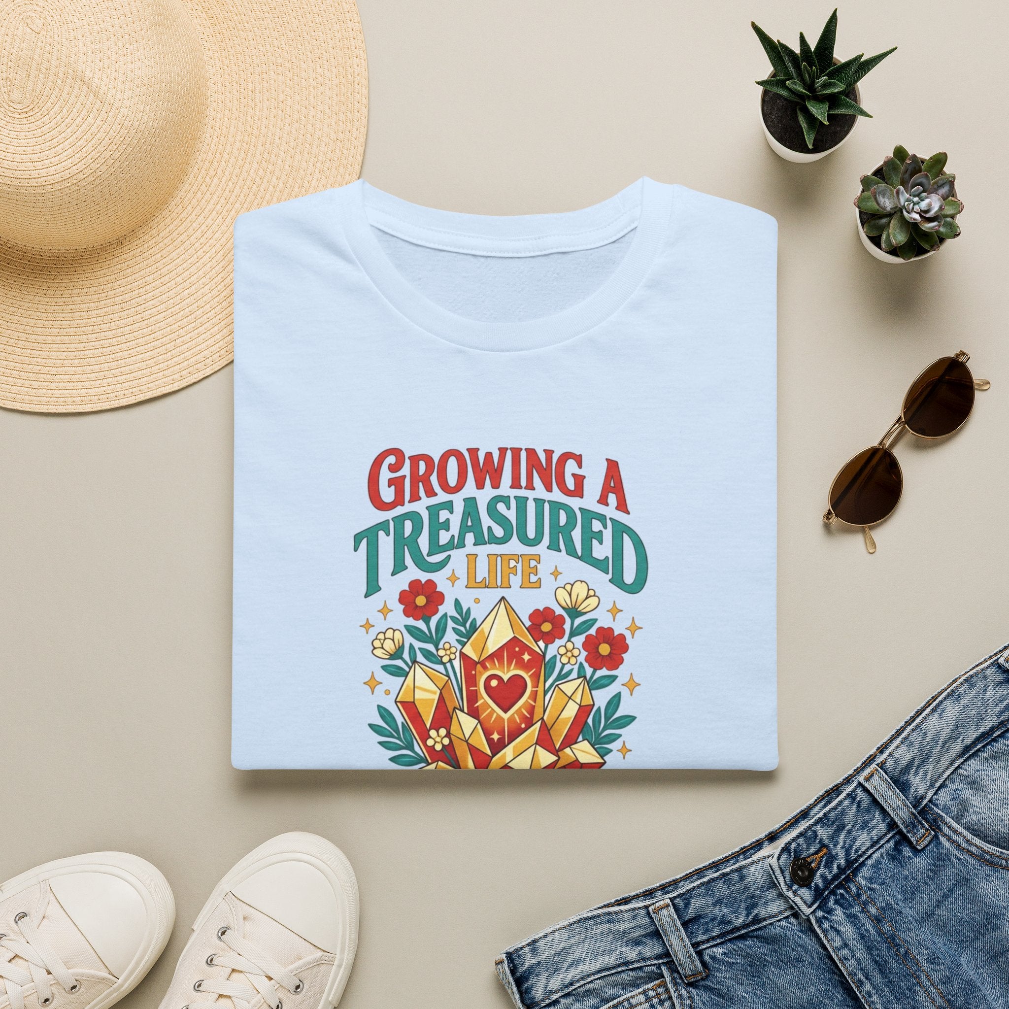 Growing a Treasured Life T-Shirt — Floral Heart & Gem Inspirational Tee