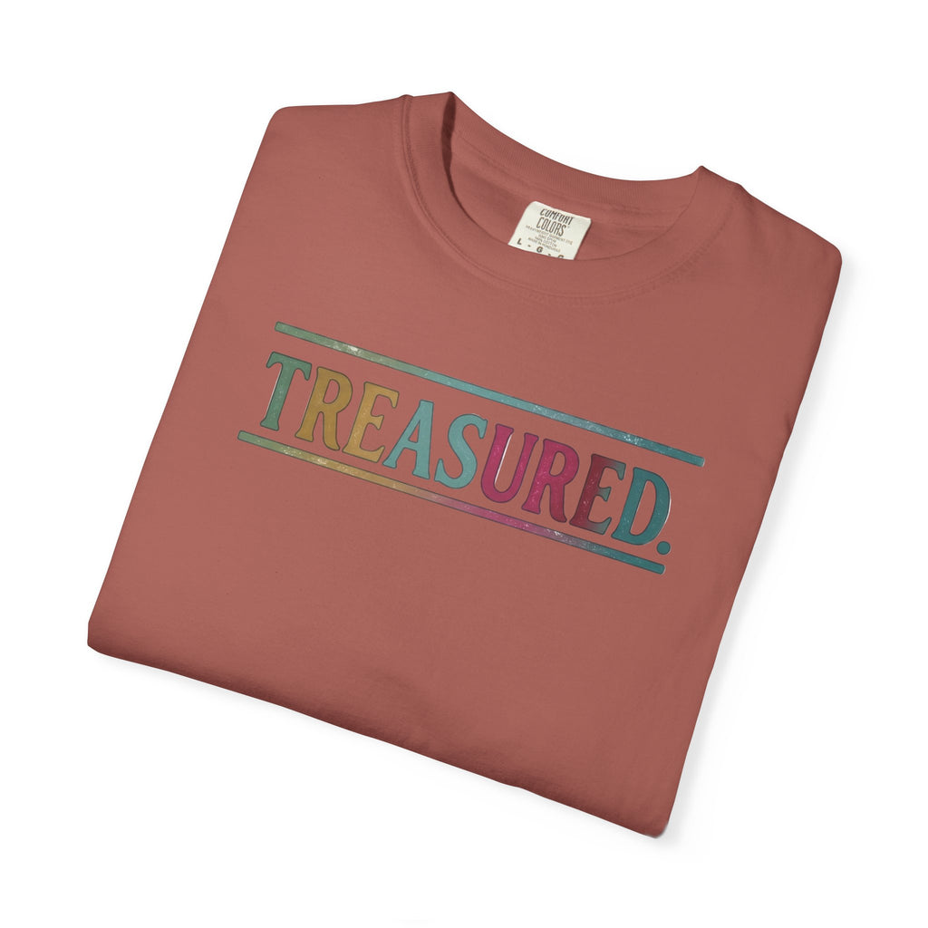 Treasured Garment-Dyed T-Shirt — Retro Color Block "TREASURED." Tee