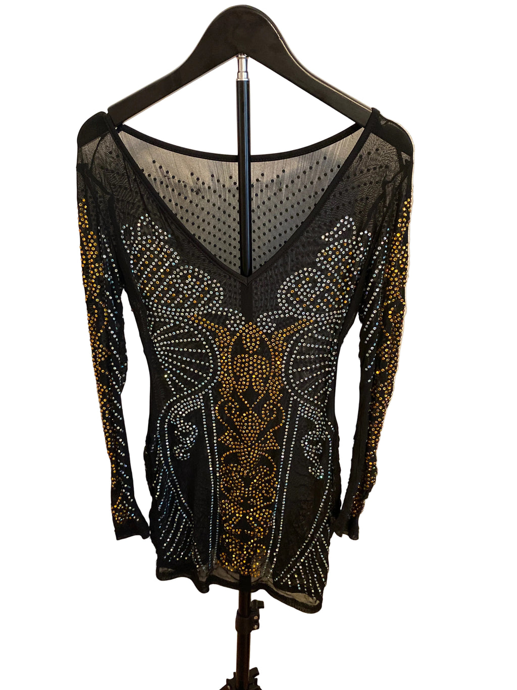 Embellished Mesh Long Sleeve Mini Dress