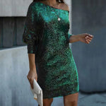 Fashion Oblique Shoulder Sequins Dress Ins Long-sleeved Dresses For Party Women's Clothing thumbnail 8