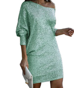 Fashion Oblique Shoulder Sequins Dress Ins Long-sleeved Dresses For Party Women's Clothing thumbnail 7