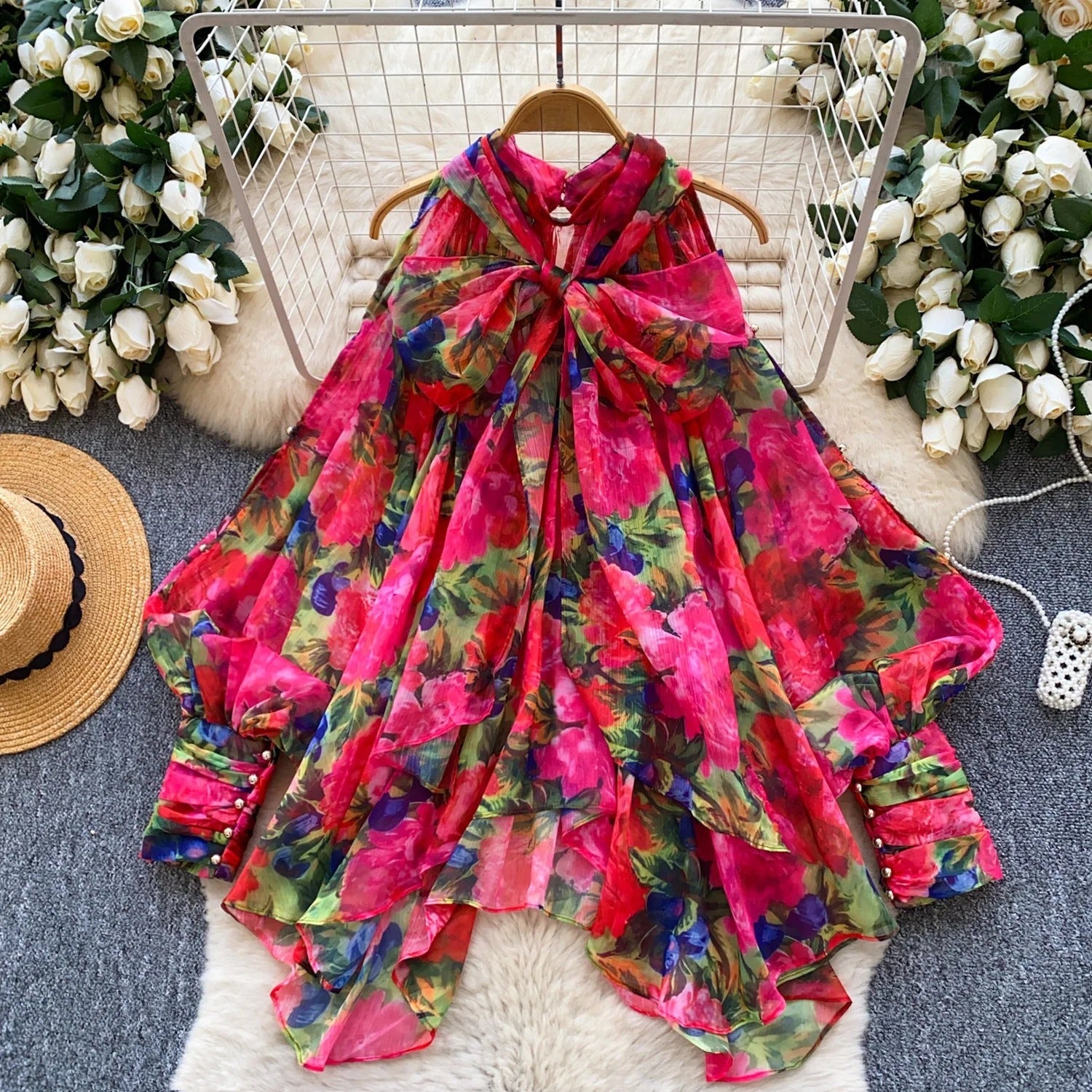 Bow Detail Floral Print Blouse – Women’s Unique Lose-Fit Tunic, Slimming Statement Top