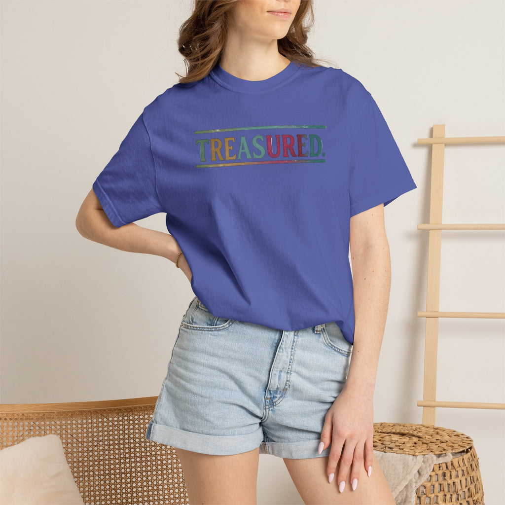 Treasured Garment-Dyed T-Shirt — Retro Color Block "TREASURED." Tee