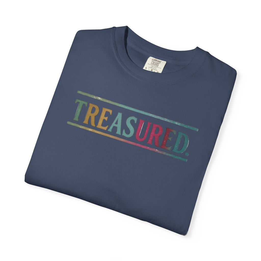 Treasured Garment-Dyed T-Shirt — Retro Color Block "TREASURED." Tee