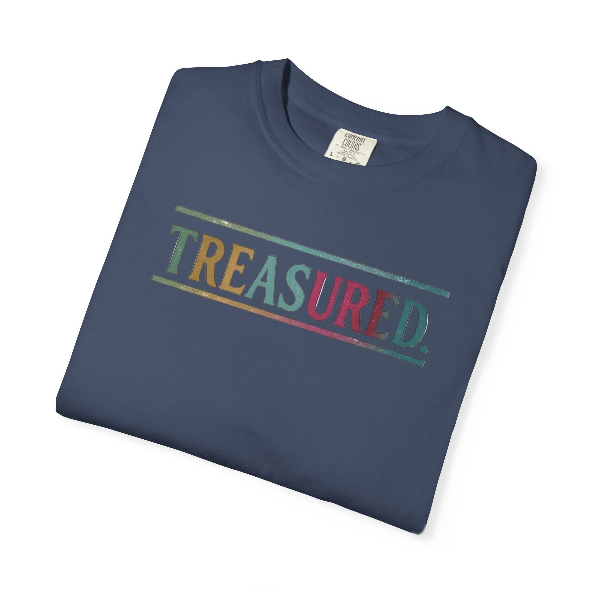 Treasured Garment-Dyed T-Shirt — Retro Color Block "TREASURED." Tee