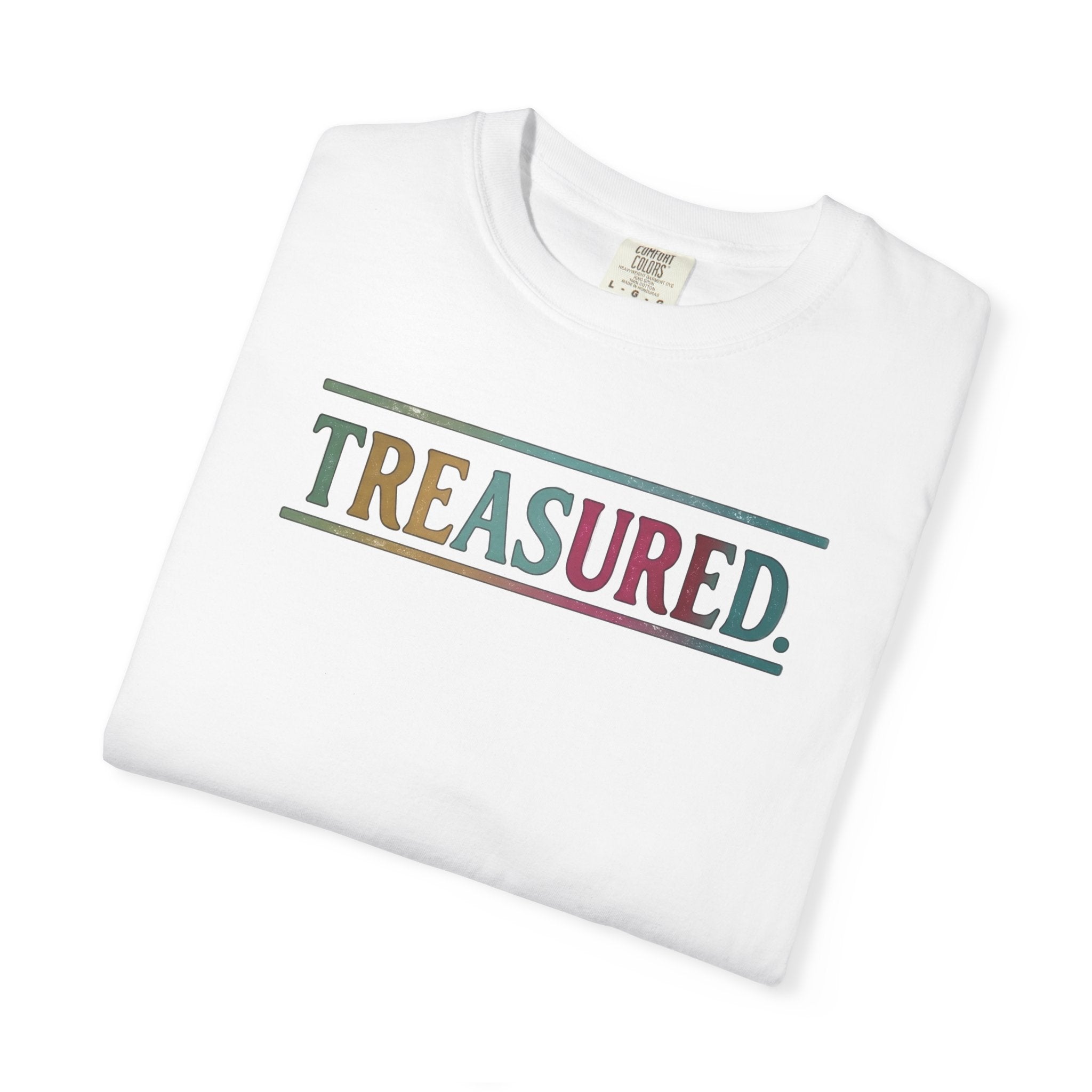 Treasured Garment-Dyed T-Shirt — Retro Color Block "TREASURED." Tee