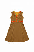Vintage Gold Floral Embroidered Pleated Midi Dress