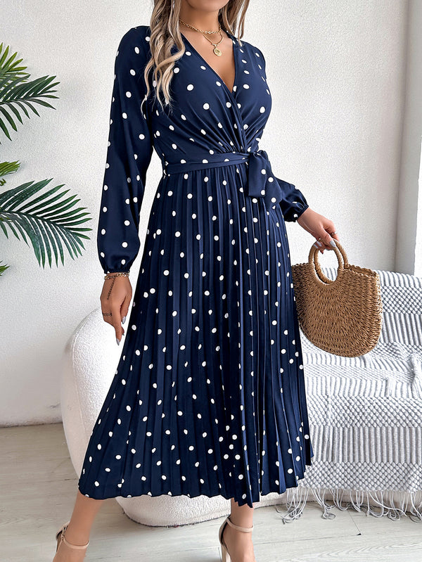 Elegant Long Dress Cross V-Neck Contrast Polka Dot Long Sleeve Pleated Bridesmaid Dresses