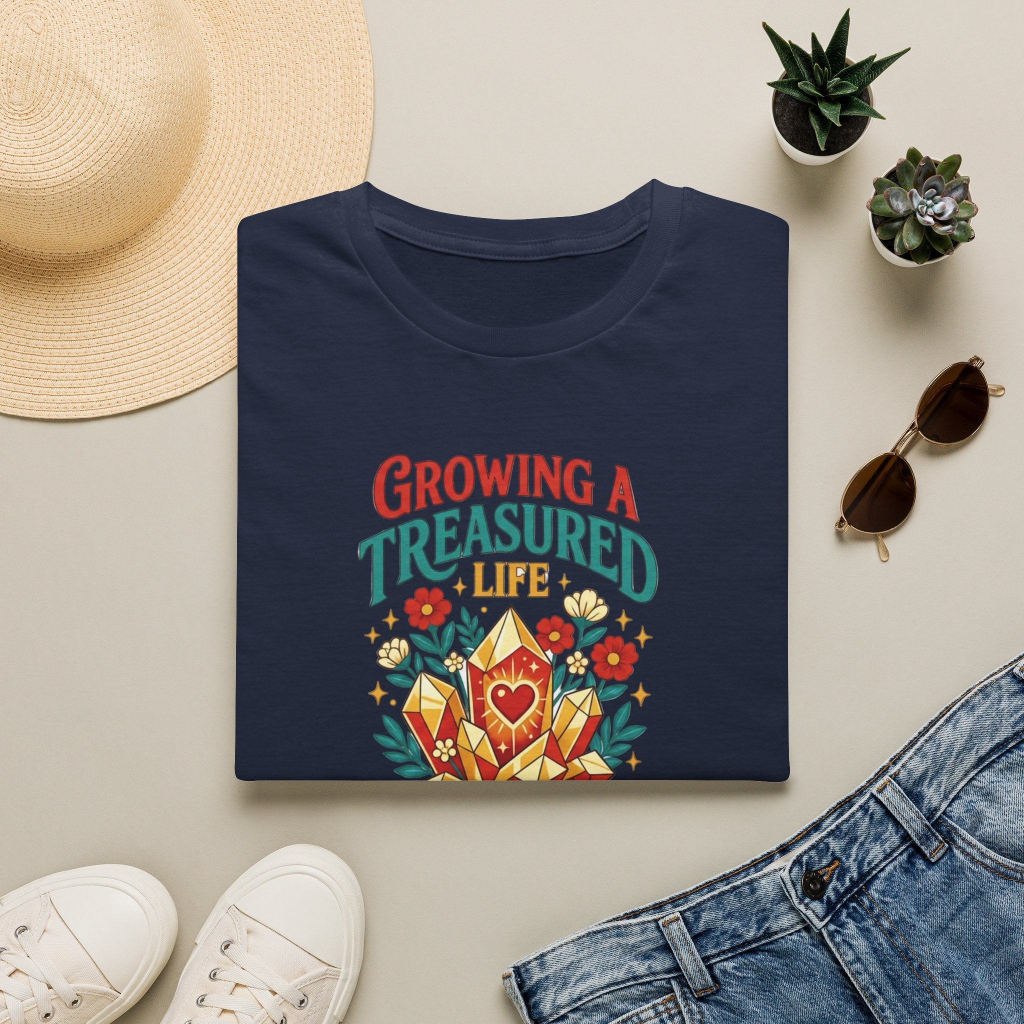 Growing a Treasured Life T-Shirt — Floral Heart & Gem Inspirational Tee