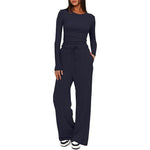 2 Pieces Women's Suit Autumn Winte Long Sleeve Tops High Waisted Wide Leg Pants Sportswear Female Clothes Solid Color Casual Suit thumbnail 9