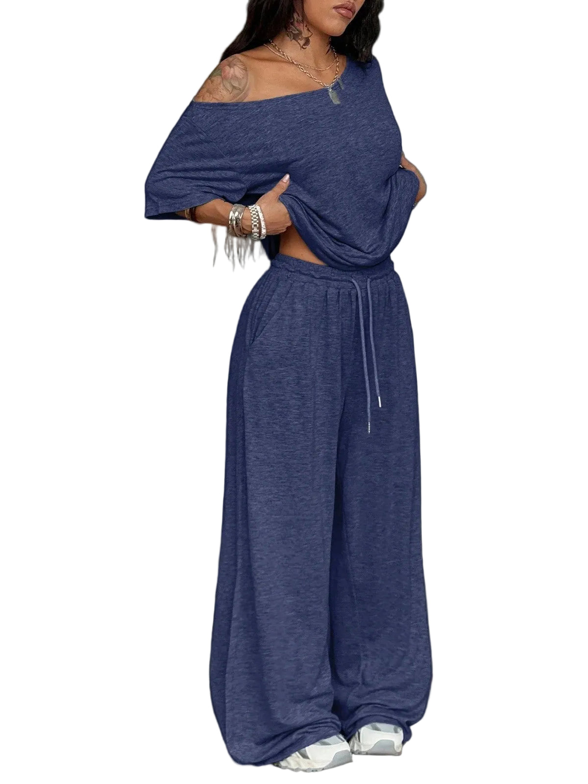 Woman wearing a blue off-shoulder top and wide-leg pants with text '2 Pack' on a white background.