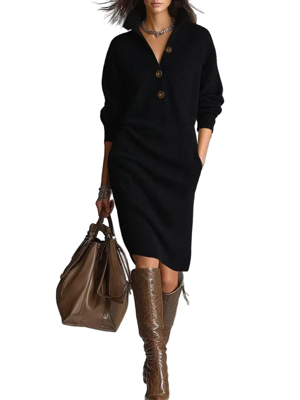 Long-sleeved Sweater Dress Fashion Warm Stand-up Collar V-neck Button Pullover Dresses Winter Casual Commuting Women's Clothing