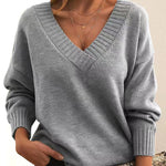 Solid V-neck Sweater Fashion Loose Long-sleeved Knitted Tops Autumn And Winter Women's Clothing thumbnail 11