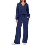 Women's Tracksuit Sports Suit V-neck Long-sleeved Pullover Top And Drawstring Straight-leg Trousers Casual Solid Trousers Set thumbnail 1