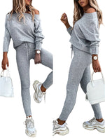 Ribbed Knit Two-Piece Lounge Set | Off-Shoulder Pullover & High-Waisted Drawstring Pants thumbnail 3