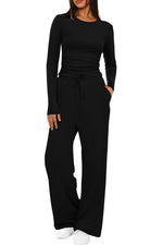 2 Pieces Women's Suit Autumn Winte Long Sleeve Tops High Waisted Wide Leg Pants Sportswear Female Clothes Solid Color Casual Suit thumbnail 12