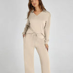 Women's Tracksuit Sports Suit V-neck Long-sleeved Pullover Top And Drawstring Straight-leg Trousers Casual Solid Trousers Set thumbnail 3