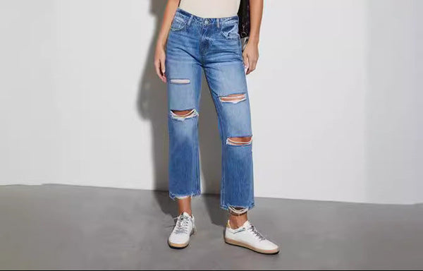 Womens Casual Long Denim Jeans With Rips