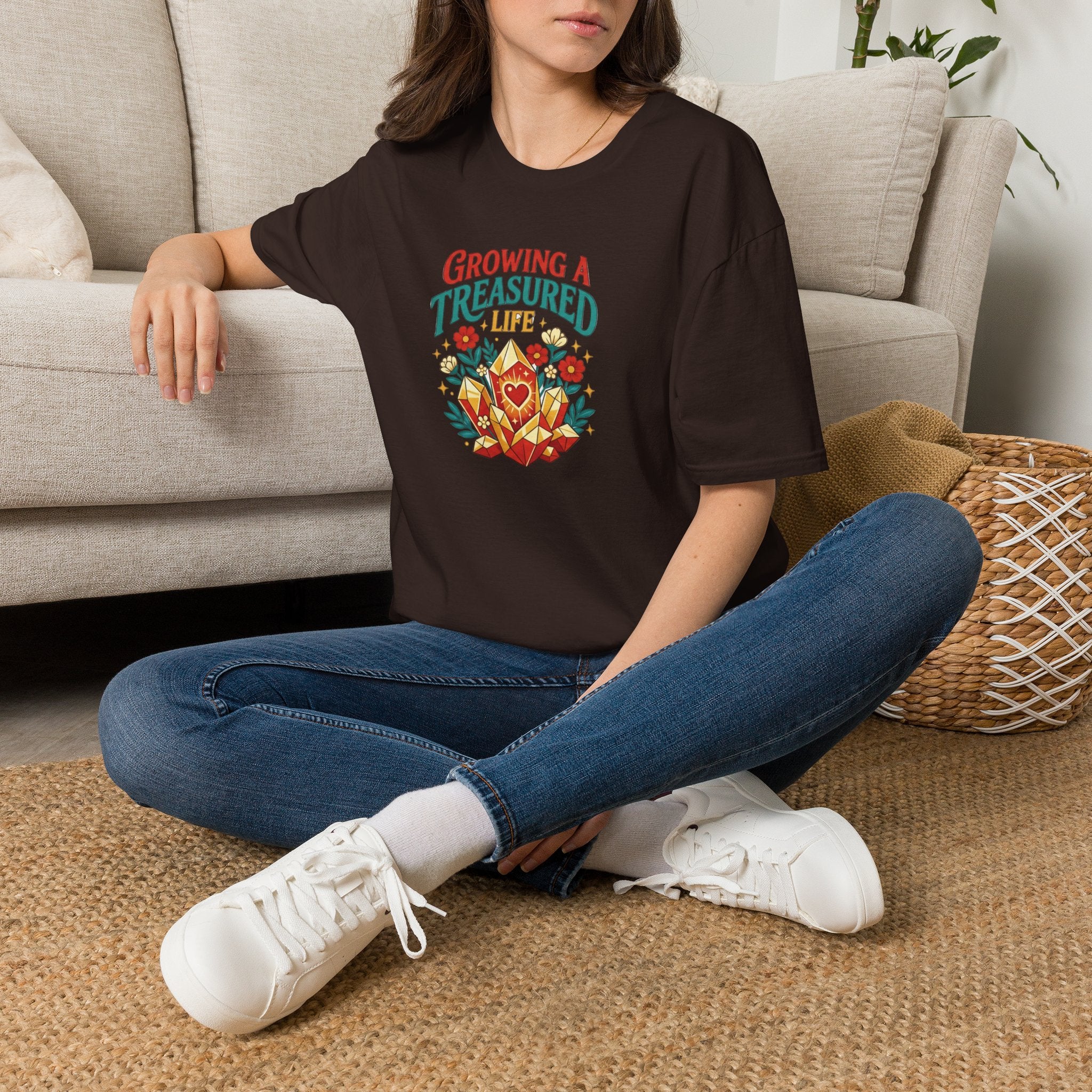 Growing a Treasured Life T-Shirt — Floral Heart & Gem Inspirational Tee
