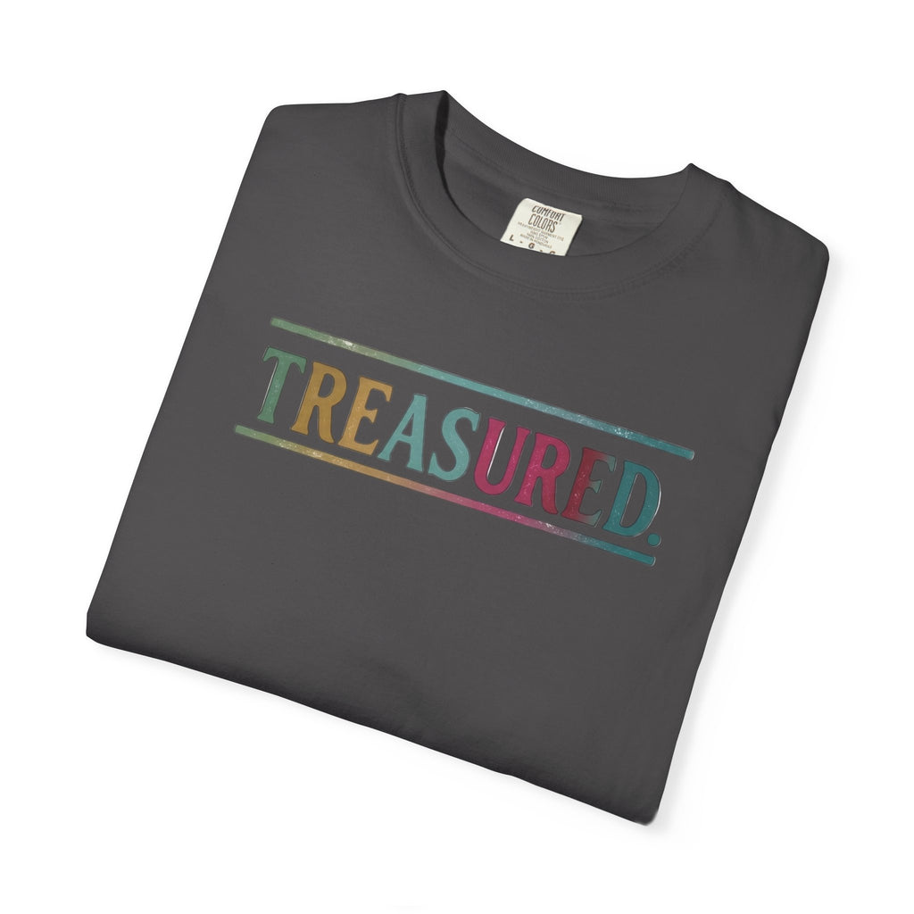 Treasured Garment-Dyed T-Shirt — Retro Color Block "TREASURED." Tee