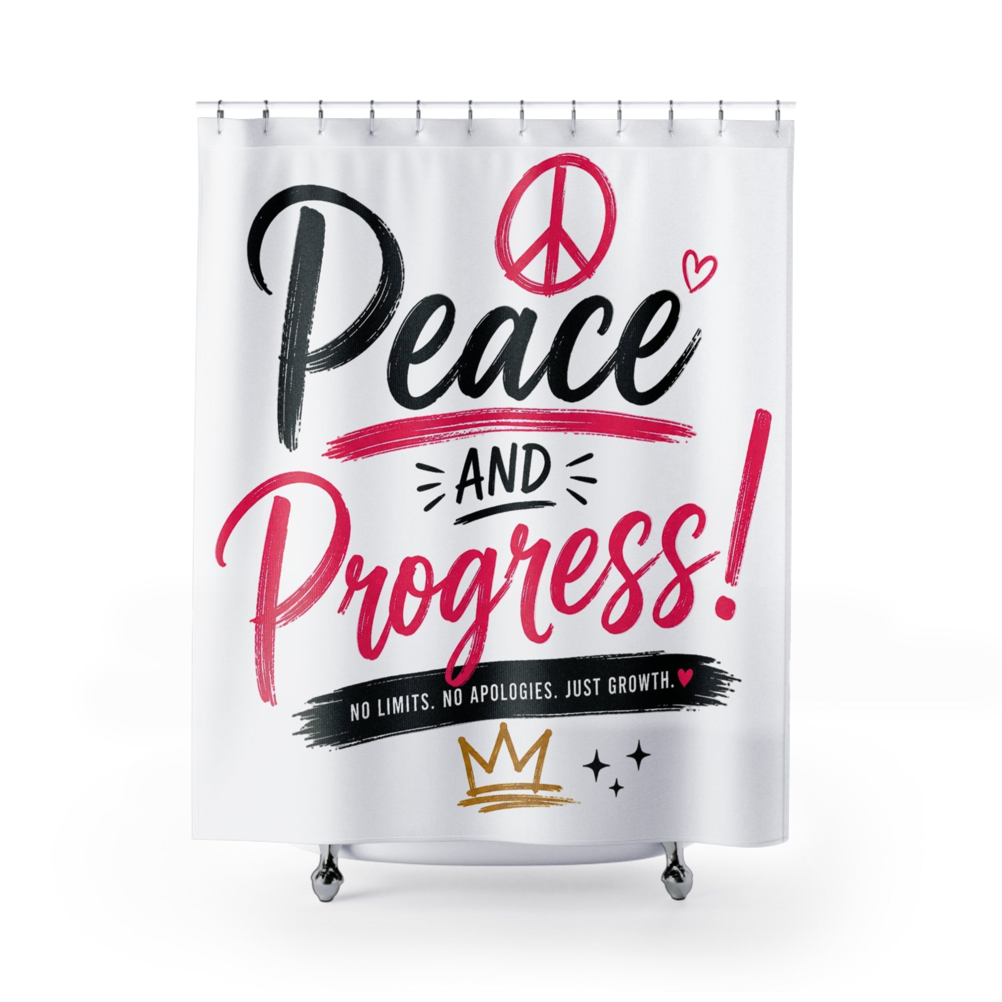 Peace and Progress Shower Curtain – Motivational Pink Peace Sign Bathroom Decor