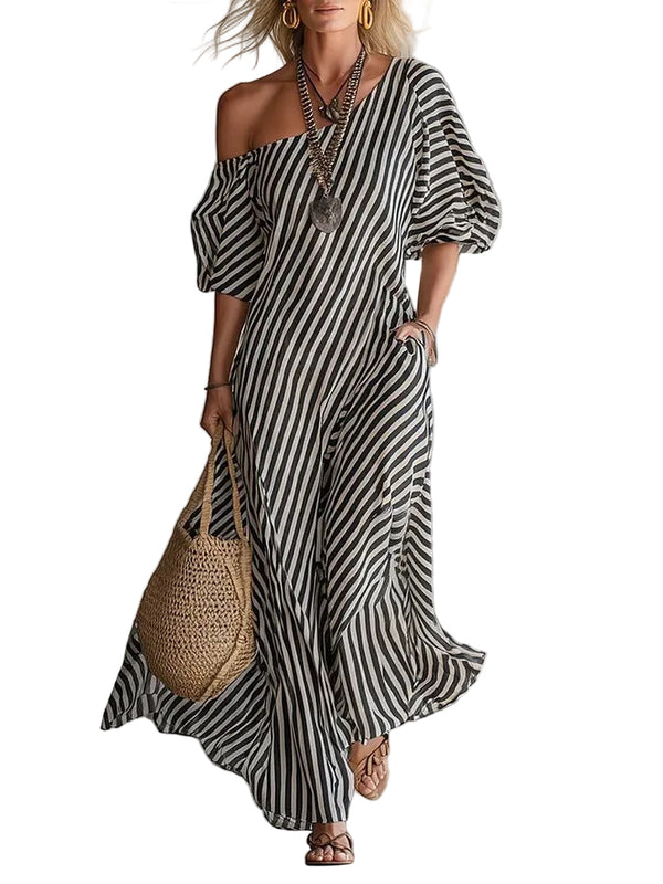 Striped Off-Shoulder Maxi Dress | Short Sleeve Beach & Vacation Dress
