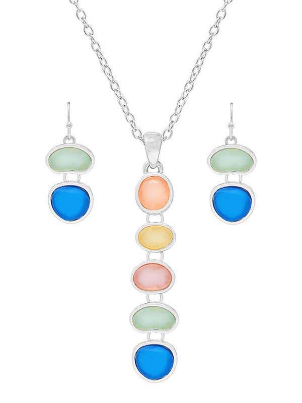 ( WX1026 )  SEAGLASS LINK DROP PENDANT NECKLACE SET