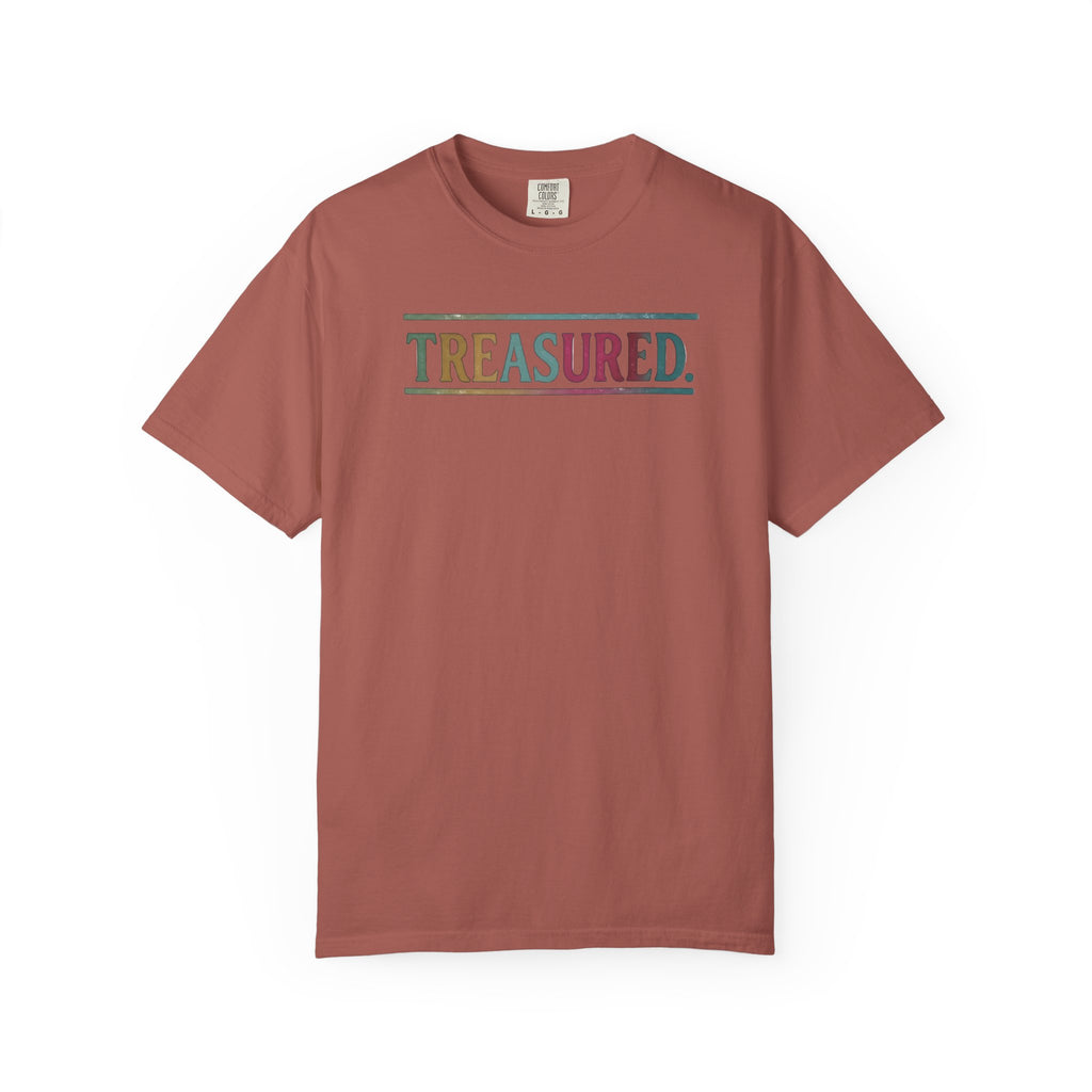 Treasured Garment-Dyed T-Shirt — Retro Color Block "TREASURED." Tee