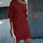 Fashion Oblique Shoulder Sequins Dress Ins Long-sleeved Dresses For Party Women's Clothing thumbnail 12