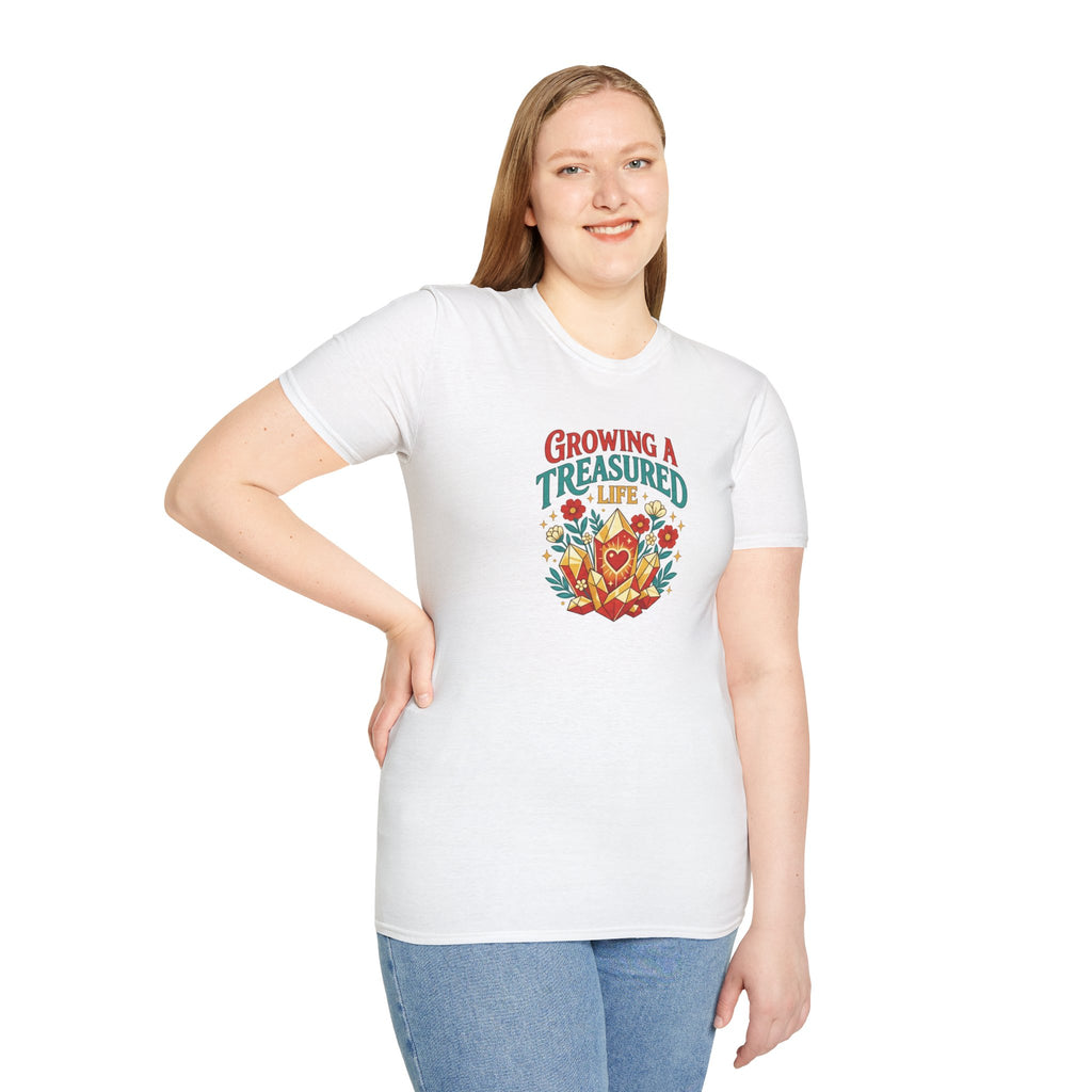 Growing a Treasured Life T-Shirt — Floral Heart & Gem Inspirational Tee
