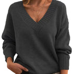 Solid V-neck Sweater Fashion Loose Long-sleeved Knitted Tops Autumn And Winter Women's Clothing thumbnail 1