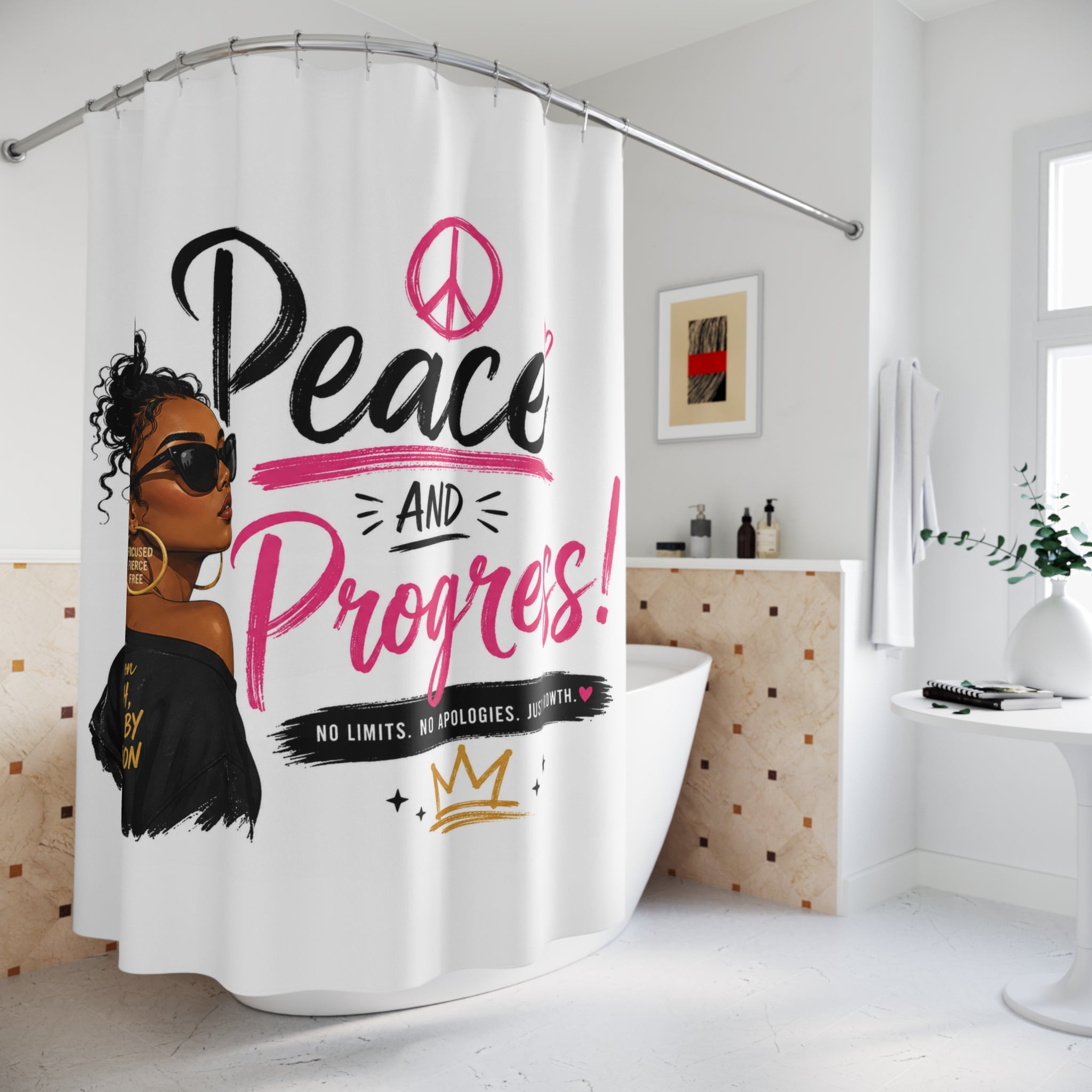 Shower Curtain — "Peace and Progress" Inspirational Afrocentric Bathroom Decor