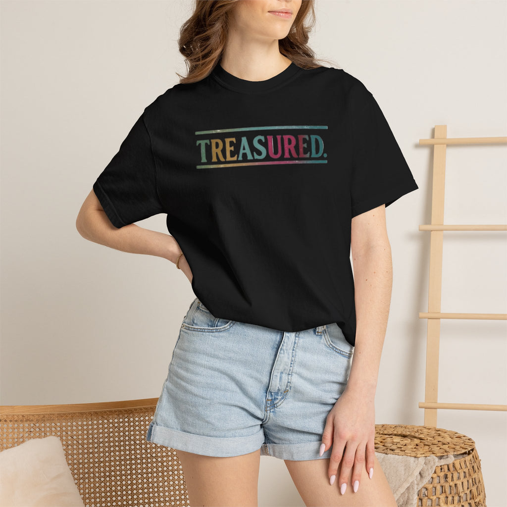 Treasured Garment-Dyed T-Shirt — Retro Color Block "TREASURED." Tee