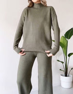 Turtleneck Knitted Suit Loose Split Design Long-sleeved Top And Straight Trousers Fashion Casual Solid Set Women's Clothing thumbnail 7