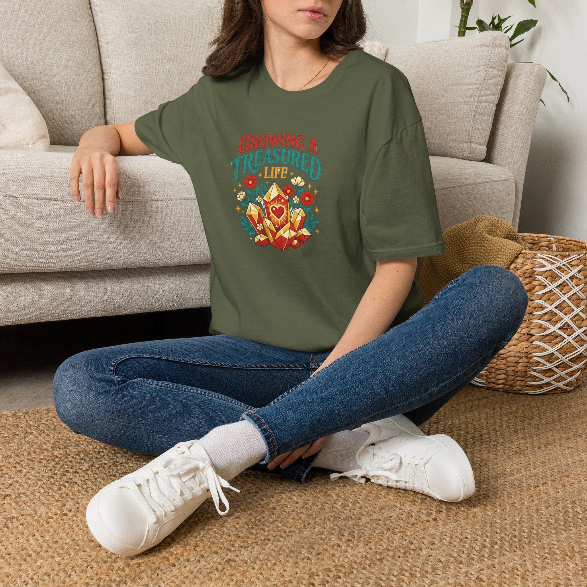 Growing a Treasured Life T-Shirt — Floral Heart & Gem Inspirational Tee