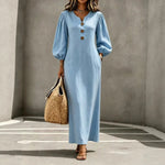 Women's Puff Sleeve V-Neck Maxi Dress | A-Line Button Detail thumbnail 9