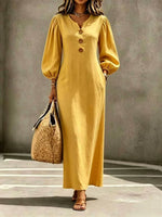 Women's Puff Sleeve V-Neck Maxi Dress | A-Line Button Detail thumbnail 13