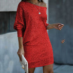 Fashion Oblique Shoulder Sequins Dress Ins Long-sleeved Dresses For Party Women's Clothing thumbnail 3