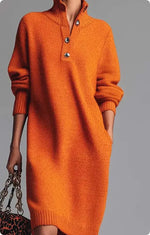 Long-sleeved Sweater Dress Fashion Warm Stand-up Collar V-neck Button Pullover Dresses Winter Casual Commuting Women's Clothing thumbnail 6