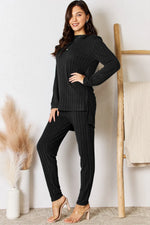 Basic Bae Full Size Ribbed Round Neck High-Low Slit Top and Pants Set thumbnail 5